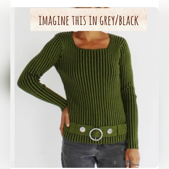 ALISON SHERI* faux belt y2k long sleeve ribbed striped grey/black round neck - Picture 1 of 12